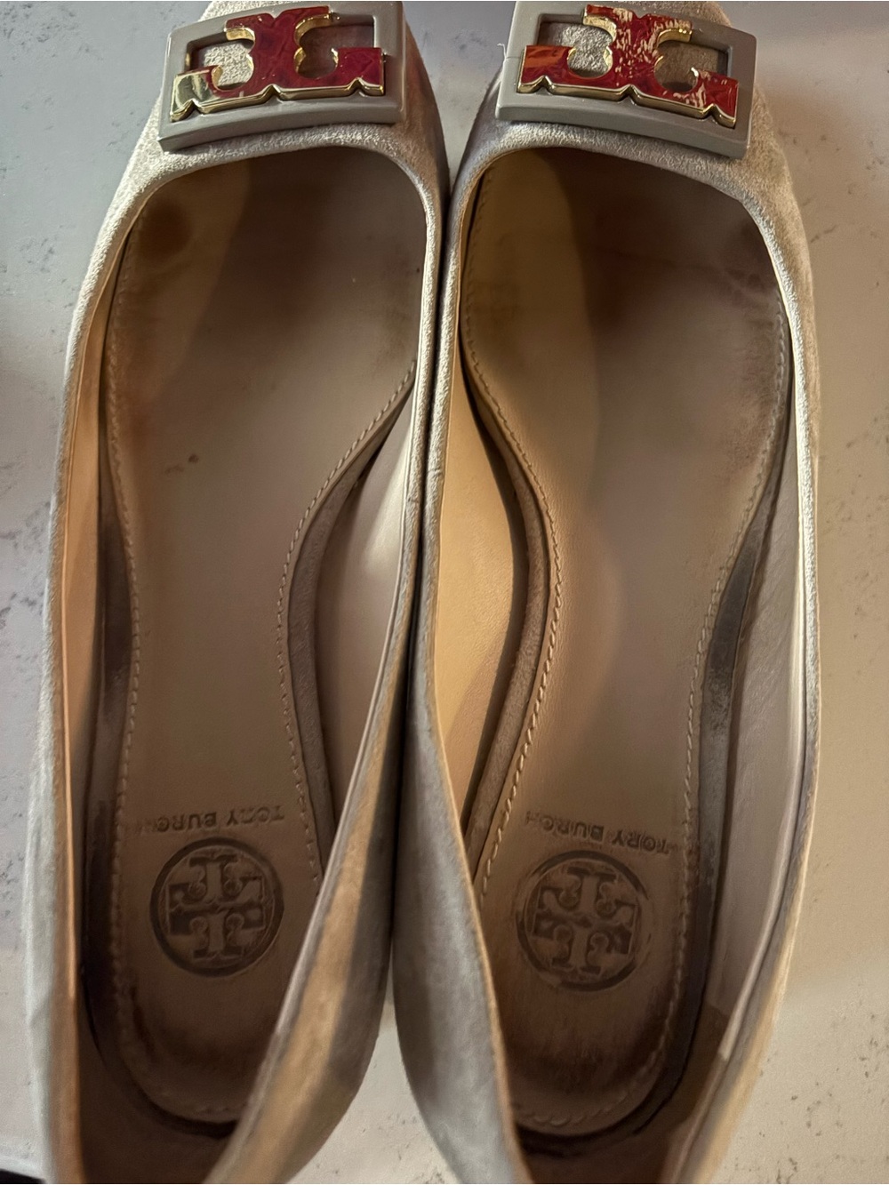 Tory Burch Taupe Suede Logo Flats w/Gold Hardware- Gigi Suede Pump - Picture 4 of 7